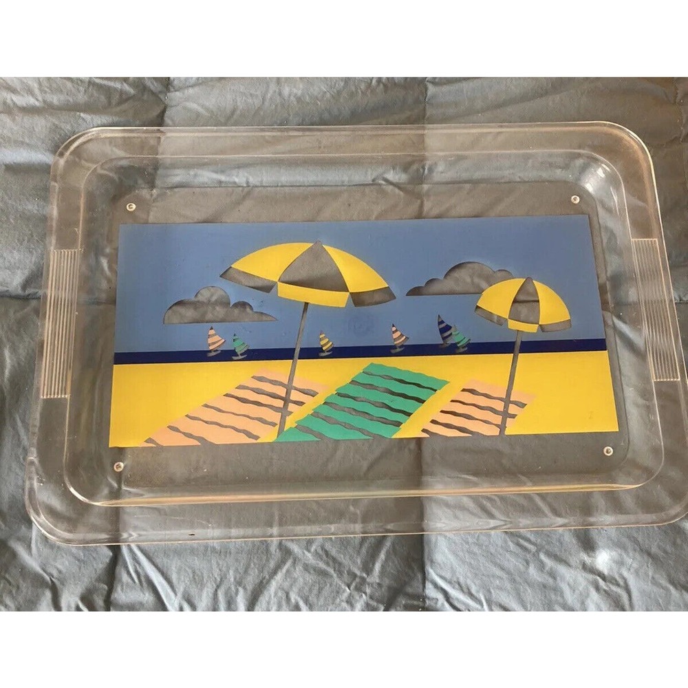 Vintage Acrylic Serving Tray Beach Boat Sailing Scene 19.5” x 13.5"